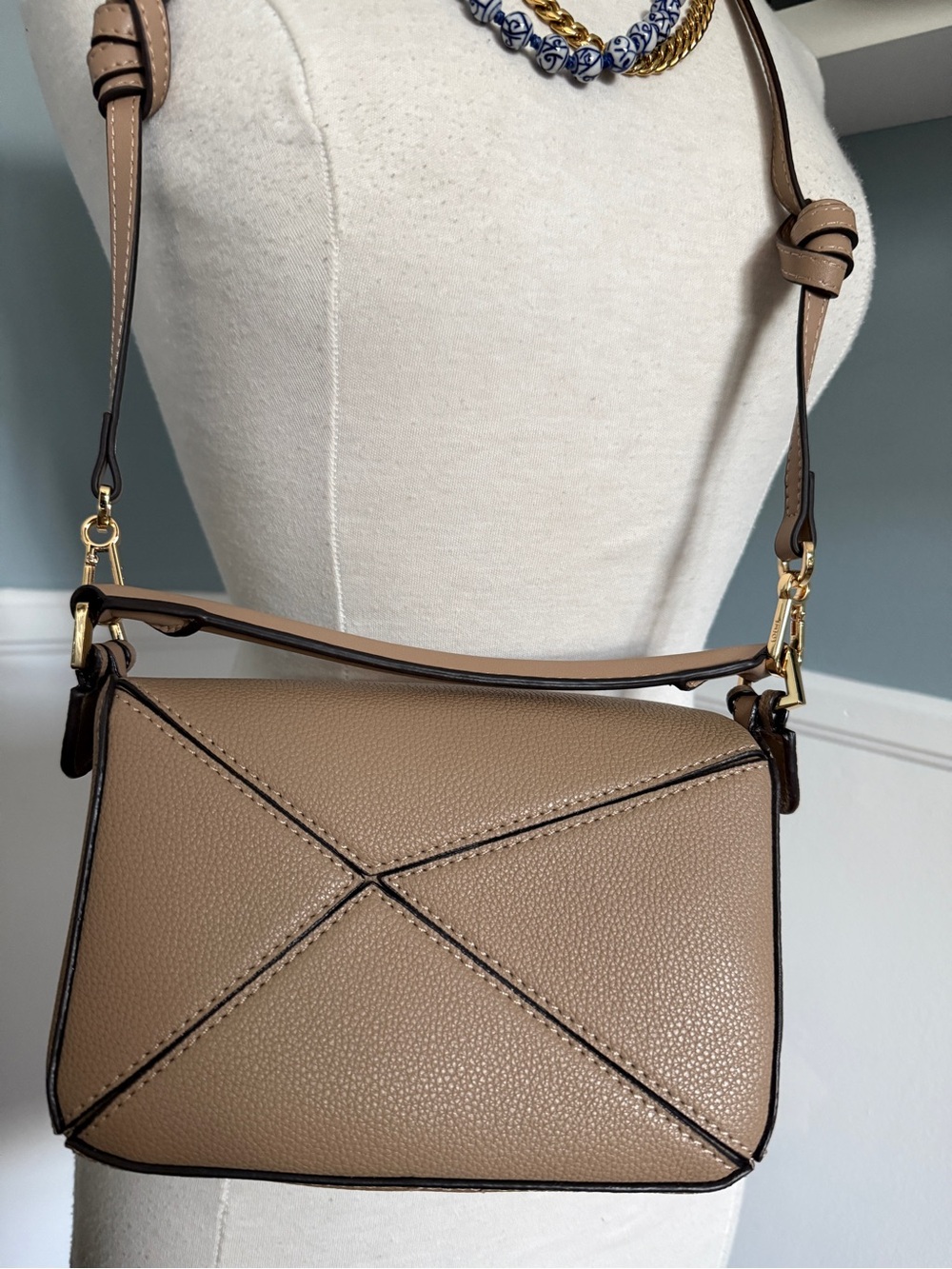 Taupe Geometric Leather Crossbody Bag / Puzzle Bag - Picture 2 of 13